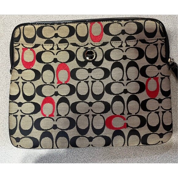 COACH SIGNATURE Tan Black Red UNIVERSAL TABLET SLEEVE CASE MULTI 11x9 EUC - Picture 1 of 5